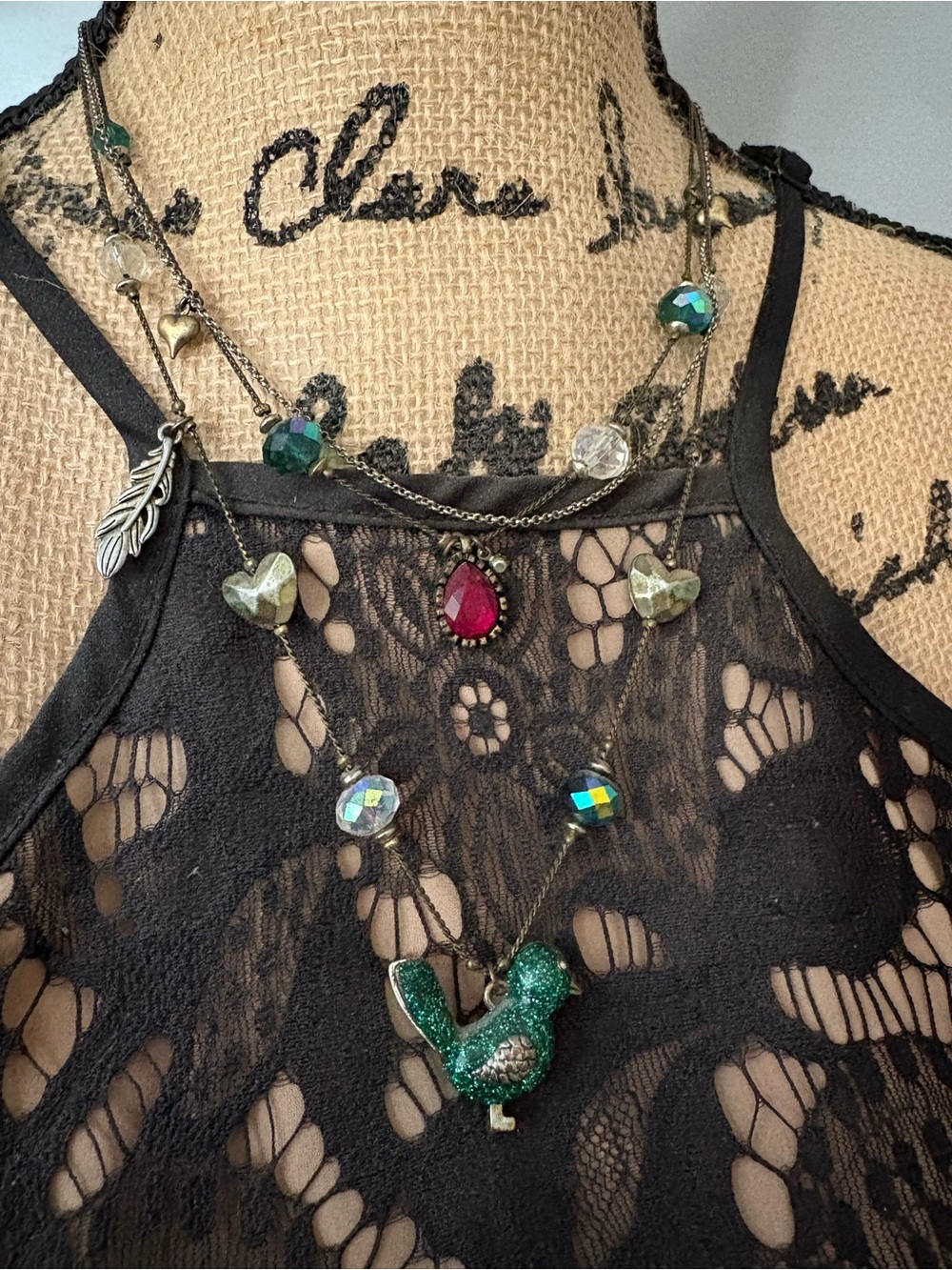 Layered Green Bird Pendant Necklace with Red Teardrop Accent